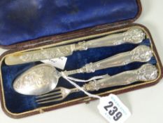 VICTORIAN CASED SILVER THREE PIECE CHRISTENING SET comprising kife, fork and spoon all engraved