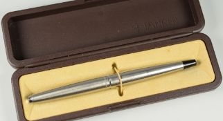 VINTAGE STAINLESS STEEL PARKER 45 FLIGHTER FOUNTAIN PEN with black plastic end cap, boxed