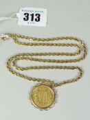 9CT YELLOW GOLD FINE SPIRAL DESIGN CHAIN, having 1852 Victoria young head, shield back sovereign