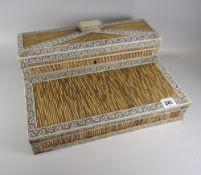 19th CENTURY ANGLO-INDIAN VIZAGAPATAM SANDALWOOD QUILL & ENGRAVED IVORY WRITING BOX having fold