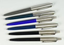 SIX VARIOUS PARKER BALLPOINT PENS one teal, one grey, two black & two blue