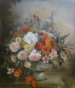 VIOLA GORDON WOULFE oil on canvas - large arrangement of flowers on a pedestal, signed, 70 x 60cms