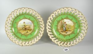 A PAIR OF COALPORT CABINET PLATES PAINTED WITH FARM SCENES BY KEELING each of lobed form with