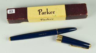 VINTAGE BLUE PARKER 17 SUPER DUOFOLD FOUNTAIN PEN engraved with MM Redding on barrel, in original