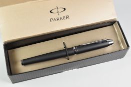 MODERN MATT BLACK PARKER IM PREMIUM ROLLERBALL with chrome trim, in original box with instructions