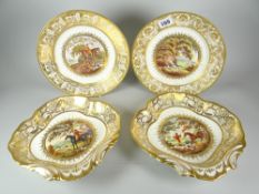 A DERBY PORCELAIN PART-DESSERT SET WITH TRANSFER HUNTING SCENES comprising pair of dishes and a pair