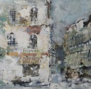 ANDREW HOOD oil on card - entitled on Albany Gallery label verso 'Nice Façade', signed, 37 x 36cms