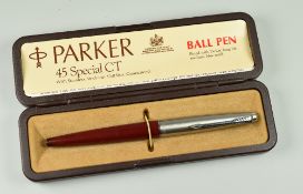 VINTAGE RED PARKER 45 CLASSIC FOUNTAIN PEN with brushed steel cap, in original box