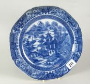 A NINETEENTH CENTURY BLUE & WHITE LONG BRIDGE PATTERN TRANSFER PLATE of lobed form, unknown factory,