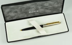 MODERN BLACK PARKER 45 GT BALLPOINT PEN with brushed steel cap & gold trim, in original box