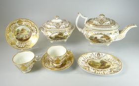 A DERBY PORCELAIN PART-TEA SET 1806-1825 comprising teapot, stand, lidded-sucrier and two cups and