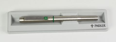 VINTAGE STAINLESS STEEL PARKER 25 FOUNTAIN PEN with rare green trim, date stamped for 1980, boxed