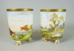 A PAIR OF MINTON PORCELAIN SPILL-VASES both finely painted all-round with a wild landscape and one