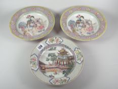 A PAIR OF CHINESE EGGSHELL PORCELAIN SHALLOW BOWLS decorated with figures, pots & animals within