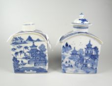TWO SIMILAR CHINESE PORCELAIN BLUE & WHITE ARCH TOPPED TEA CADDIES one with lid, both depicting