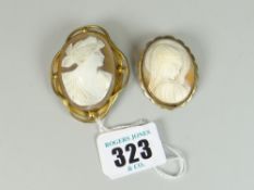 TWO CARVED SHELL CAMEO BROOCHES depicting head & shoulders of females in yellow metal mount (2)