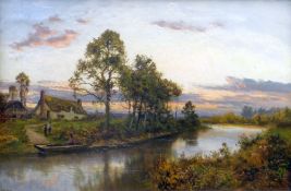 DANIEL SHERRIN oil on canvas - river scene with cottage and boatmen, entitled 'Upper Reaches of