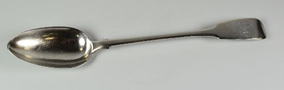 WILLIAM IV SILVER BASTING SPOON, of fiddle pattern with engraved initials. London 1833, rubbed