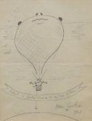 JEAN COCTEAU pencil drawing - anchoring hot-air balloon with celebrating match-stick figures,