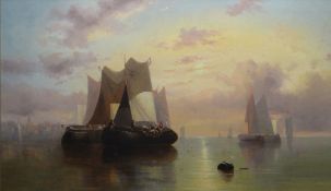 NINETEENTH CENTURY DUTCH SCHOOL oil on canvas - figures on sail-boats at sunset with distant