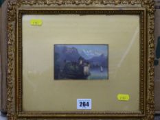 Small gilt framed continental oil depicting a chateau alongside a lake