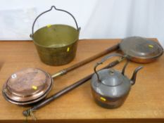 A vintage brass jam pan with iron twin-handle, a Victorian copper kettle & two long-handle copper