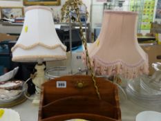 Two decorative table lamps, a chrome bottle holder, brass inlaid letter rack etc