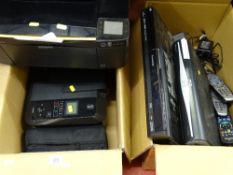 Two boxes containing two Kodak printers, a Sky HD box, a Panasonic DVD recorder & player with cables