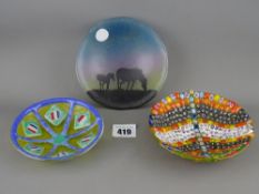 Three art ware glass bowls, one with millefiori detail
