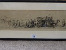 Framed continental etching - interesting scene of travelling refugees
