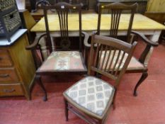 A pair of vintage oak armchairs with drop in padded seats & a spindle back farmhouse side chair