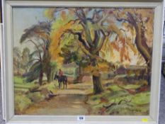 MILES BALMFORD SHARP (1897 - c.1980) oil on board - rural scene with rider and horse on a tree lined