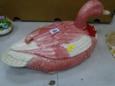 A Continental china duck shaped pink lidded tureen