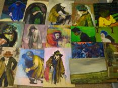 JOHN CHERRINGTON unframed mixed media studies - a quantity of mainly studies of elderly folk, most