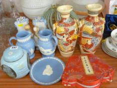 A pair of Satsuma vases, two biscuit porcelain figures, Dudson & Wedgwood Jasperware etc