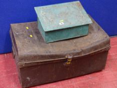 A vintage tin travel trunk & a slipper box painted green