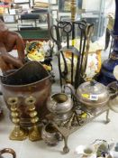 A wrought iron & brass fireside companion set, a copper coal bucket, a three-piece EP teaset etc