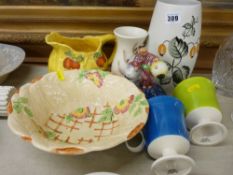 Two colourful Carltonware mugs, two Radford vases, a Burleighware fruit bowl etc