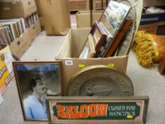 A box of pub mirrors and similar, including a Freddie Mercury one, also brass charger etc