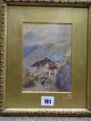 LATE 19th CENTURY CONTINENTAL SCHOOL watercolour - mountainscape with old dwellings and figure on