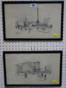 Two black and white etchings - Trafalgar Square and Piccadilly Circus by HOWARD PENTON with a framed