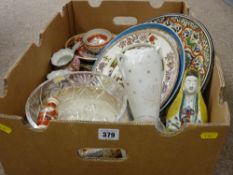 A box of decorative wall plates, glassware & ornaments etc