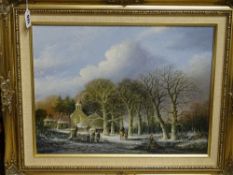 WILHELM HAYSACCAS (b. Rotterdam) oil on canvas - rural winter scene with numerous figures, signed,