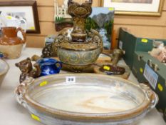 A Denby anvil pottery dish, an Austrian two-handled vase, a three-handled Bretby vase etc