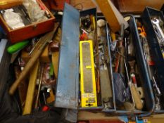 A cantilever metal toolbox & a canvas holdall of tools & collectables
