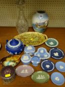 A parcel of china including Wedgewood jasperware in various colours, a glass decanter and similar