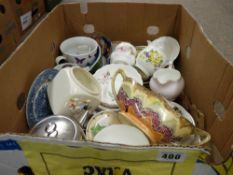 A mixed box of colourful tableware etc