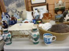 A pair of Oriental vases & a small blue & white cup, a vintage stoneware mixing bowl, a marine
