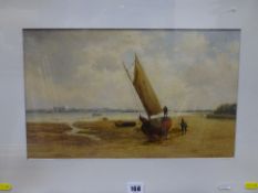 FRANK RAWLINGS OFFER oil on board - beached boat with figures and distant ports with numerous