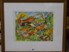 JENNIFER MARY DODD watercolour/mixed media - large group of hares being chased by a fox, signed